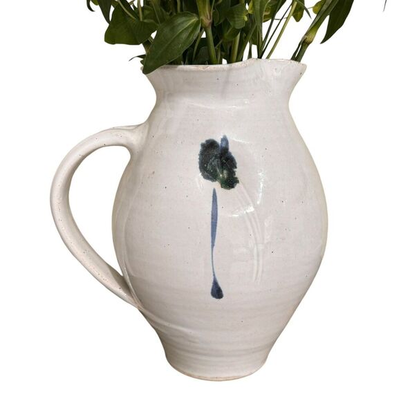 Studio Art Pottery Dimpled Floral Stoneware Pitcher Jug Signed Vase Cream/Blue - Picture 1 of 9
